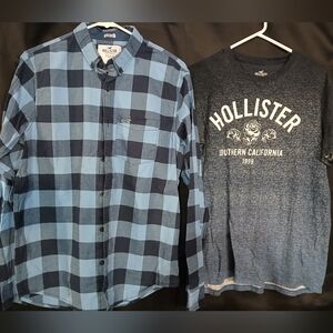 Hollister Navy and Light Blue Plaid Shirt And Blue T-shirt